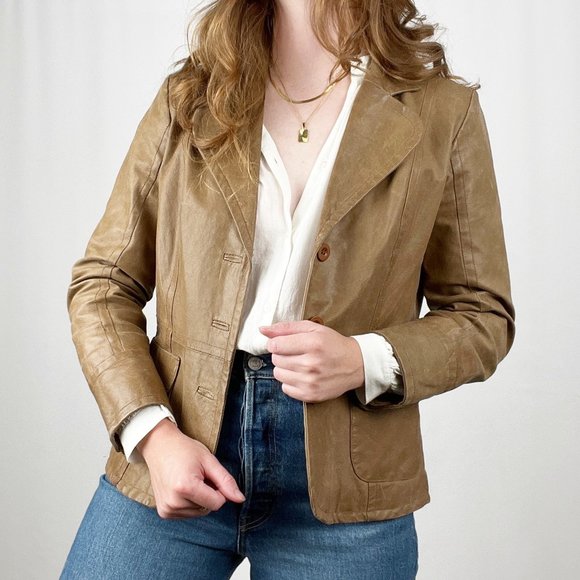 Stunning Vintage Parisian Oversized Leather Camel Tan Blazer Jacket Coat Preppy - Picture 9 of 9